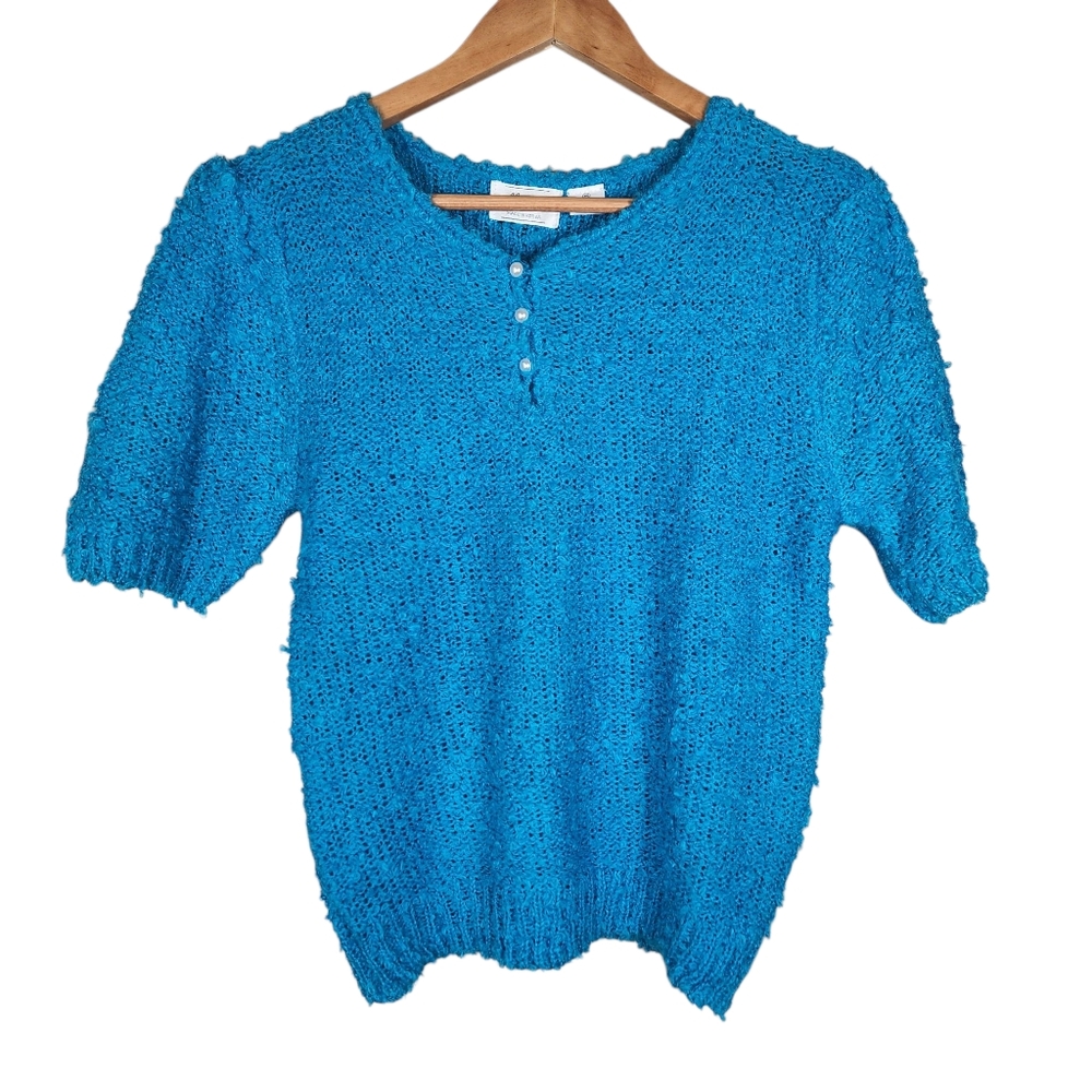 Margules Vintage Blue Sweater Size Medium Short Puffy Sleeves 3 Button - Picture 1 of 5
